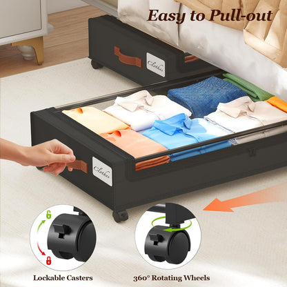 Yecaye Under Bed Storage with Wheels, 2 Pack Under Bed Storage Containers, 60L Underbed Shoe Storage with Clear Window & Label, Rolling Under Bed Metal Drawer for Clothes, Shoes, Books, Blankets