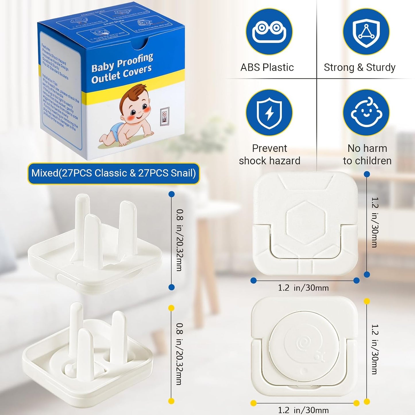 Outlet Covers Baby Proofing, 60 Pack Child Proof Plug Socket Covers Electric Plug Protectors Safety Caps with Hidden Pull Handle, for US 3-Prong, Classic