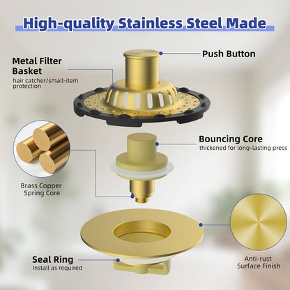 Universal Bathtub Drain Stopper Shower Drain Hair Catcher, Tub Stopper with Visible Top Strainer, Upgraded 3 in 1 Pop-up Drain Plug Fit for 1.5 to 2.4" Hole, Stainless Steel Filter Basket, Chrome