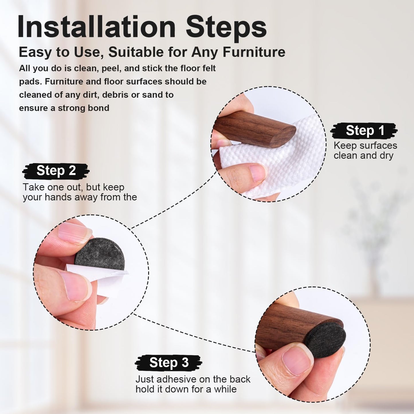 48 PCS Felt Furniture Pads, 1-inch Round Black Chair Felt Pads, Felt Pads for Furniture Feet to Protect The Floor from Scratches,Reduce Noise (Black)