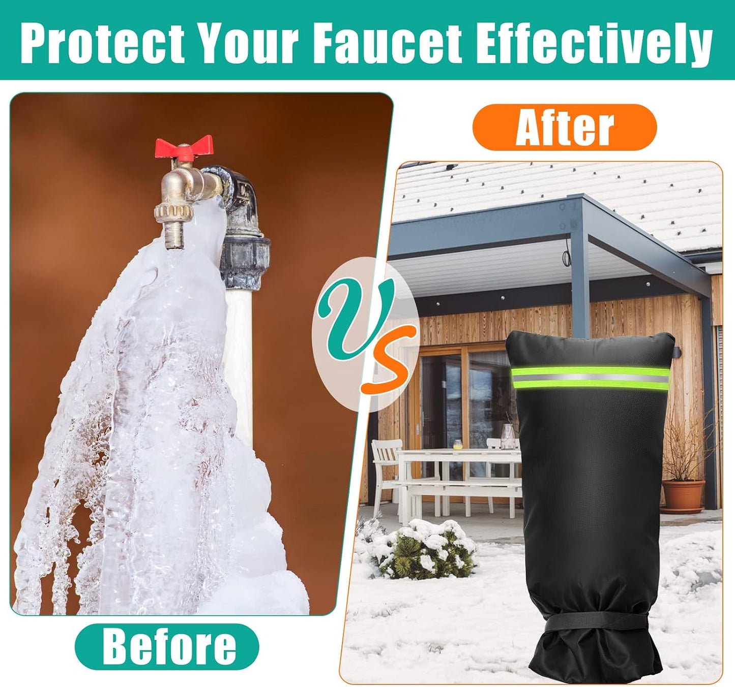 25" L x 13"W Winter Spigot Cover - Black Long Outdoor Faucet Cover Socks for Freeze Protection Pipe Insulation with Reflective Strip