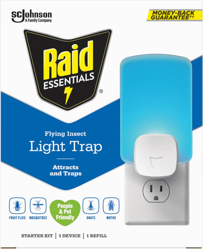 Raid Essentials Flying Insect Light Trap Starter Kit, 1 Plug-in Device + 1 Cartridge, Featuring Light Powered Attraction