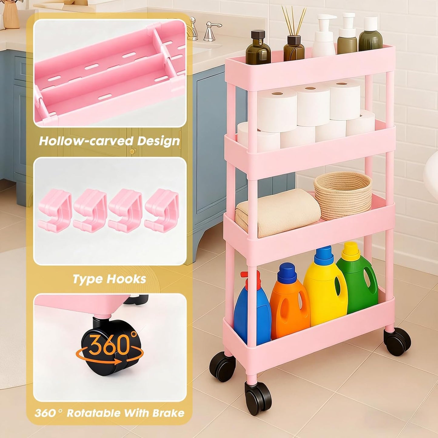 ShellKingdom 4 Tier Bathroom Storage Organizer, Slim Rolling Storage Cart for Narrow Space, Mobile Shelving Unit with Lockable Wheels and Hooks for Bathroom, Kitchen, Laundry Movable Shelf (Green)
