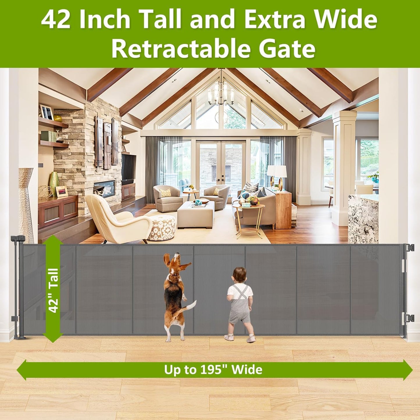 Newly Enhanced - 42" Tall × 120" Extra Wide Retractable Baby Gate Keeps Pets from Getting Under Tall Dog Gate, Indoor/Outdoor Baby Gates for Dogs, Retractable Dog Gate for Large Openings, White