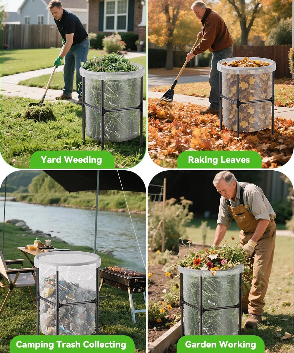 Heavy-Duty Garden Trash Bag Holder – 30-45 Gallon Outdoor Yard Waste Bag Stand Metal Frame Lawn Leaf Bag Holders with Adjustable Feet, Detachable Legs for Leaves, Yard Waste, Camping (M)