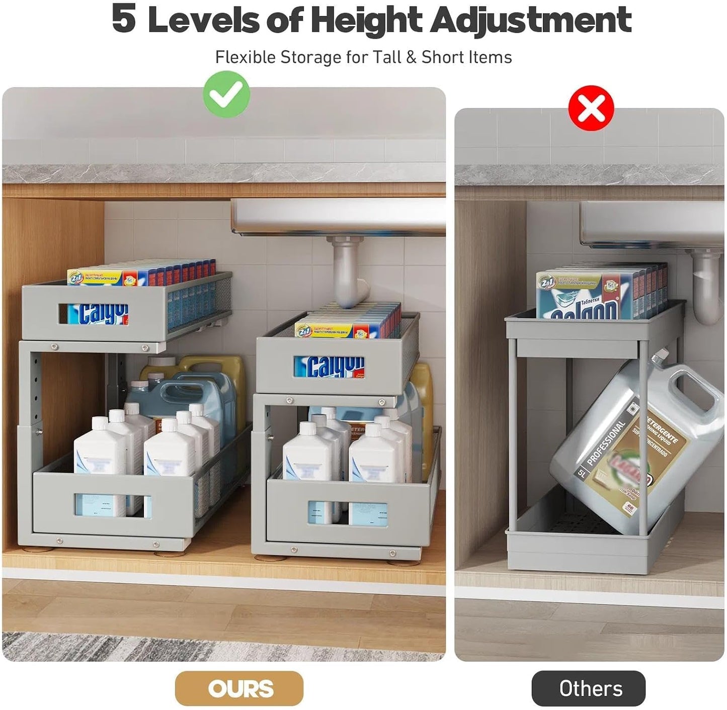 Under Sink Organizer, 2-Tier Dual Pull Out Cabinet Organizer Drawers With Smooth Circular Rail, Large Capacity Metal Mesh Sliding Shelves For Bathroom& Kitchen Storage,Height Adjustable–White,2 Packs