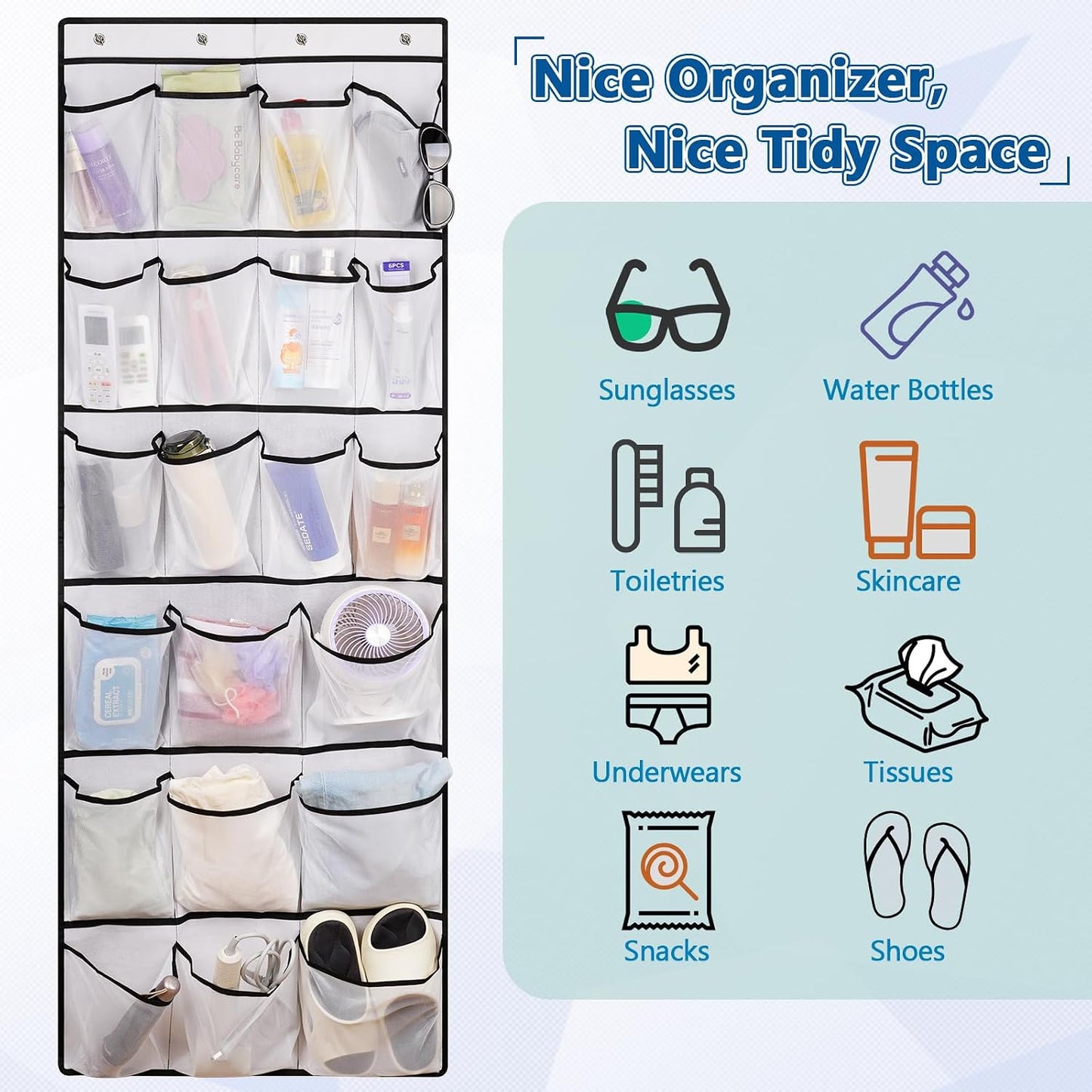 Over The Door Cruise Ship Organizer - Cruise Ship Magnetic Door Organizer with 15 Size-Graded Pockets, Hanging Magnetic Cruise Storage Shoe Rack for Cabin, 2026 Cruise Essential, 9 Hooks(White)