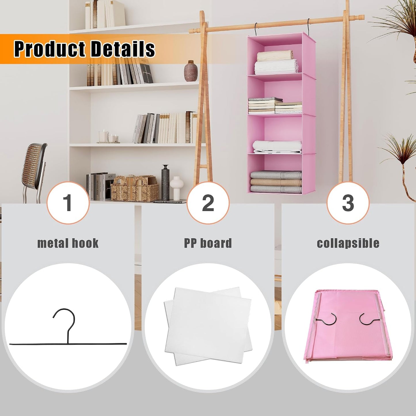 Hanging Closet Organizer 3-Shelf, Oxford Fabric Wardrobe Storage, Gray | Easy-mount foldable design holds clothes, handbags, shoes & accessories; washable Oxford fabric, sturdy and space-saving.