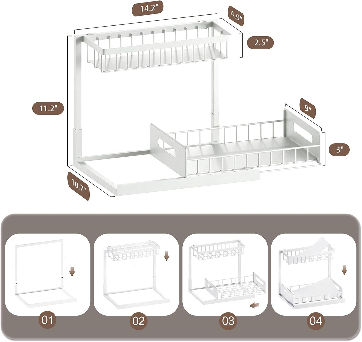 VUSIGN 2 Tier Under Sink Organizer and Storage, Slide Out Pull Out Cabinet Organizer Shelf, Storage for Kitchen Bathroom Laundry, 1Pack, White