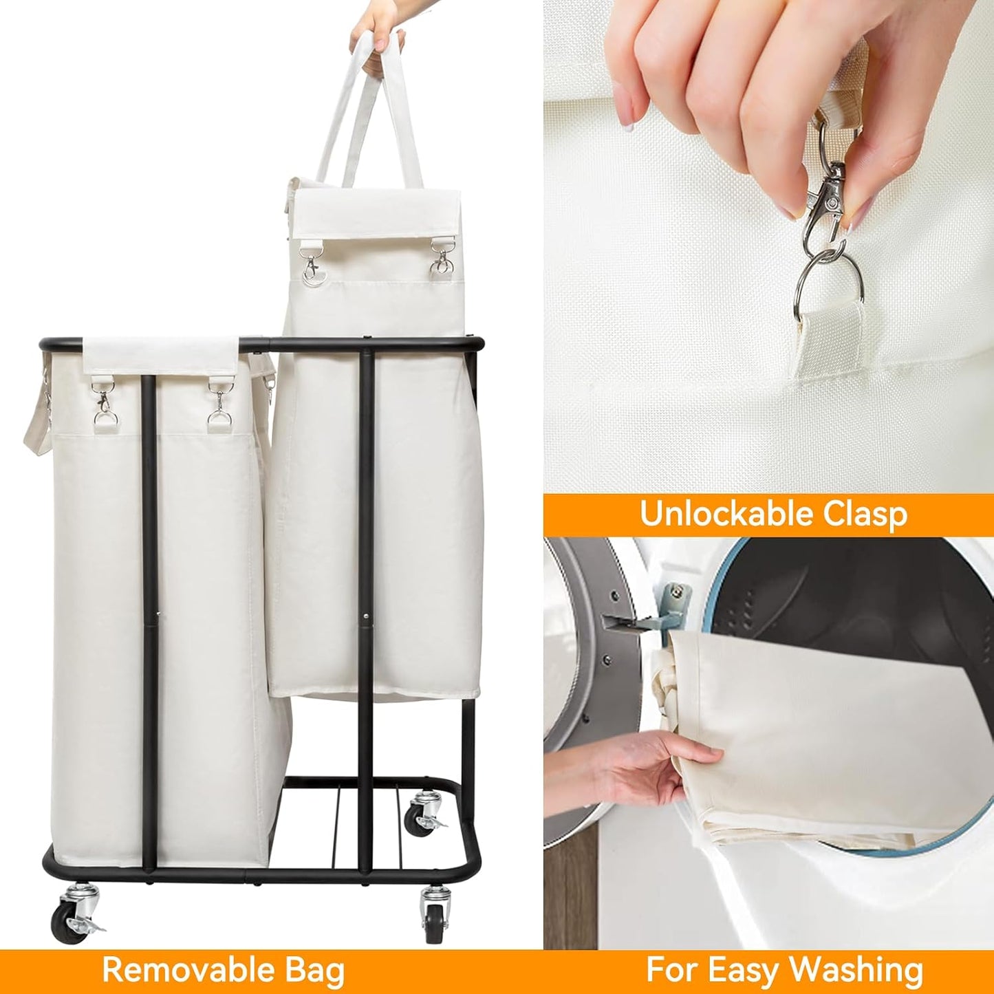 WOWLIVE Laundry Hamper with Wheels 260L Rolling Laundry Basket 3 Section Organizer Laundry Cart with Steel Frame and Removable Bags Large Dirty Clothes Hamper Dorm Room Storage for Bedroom