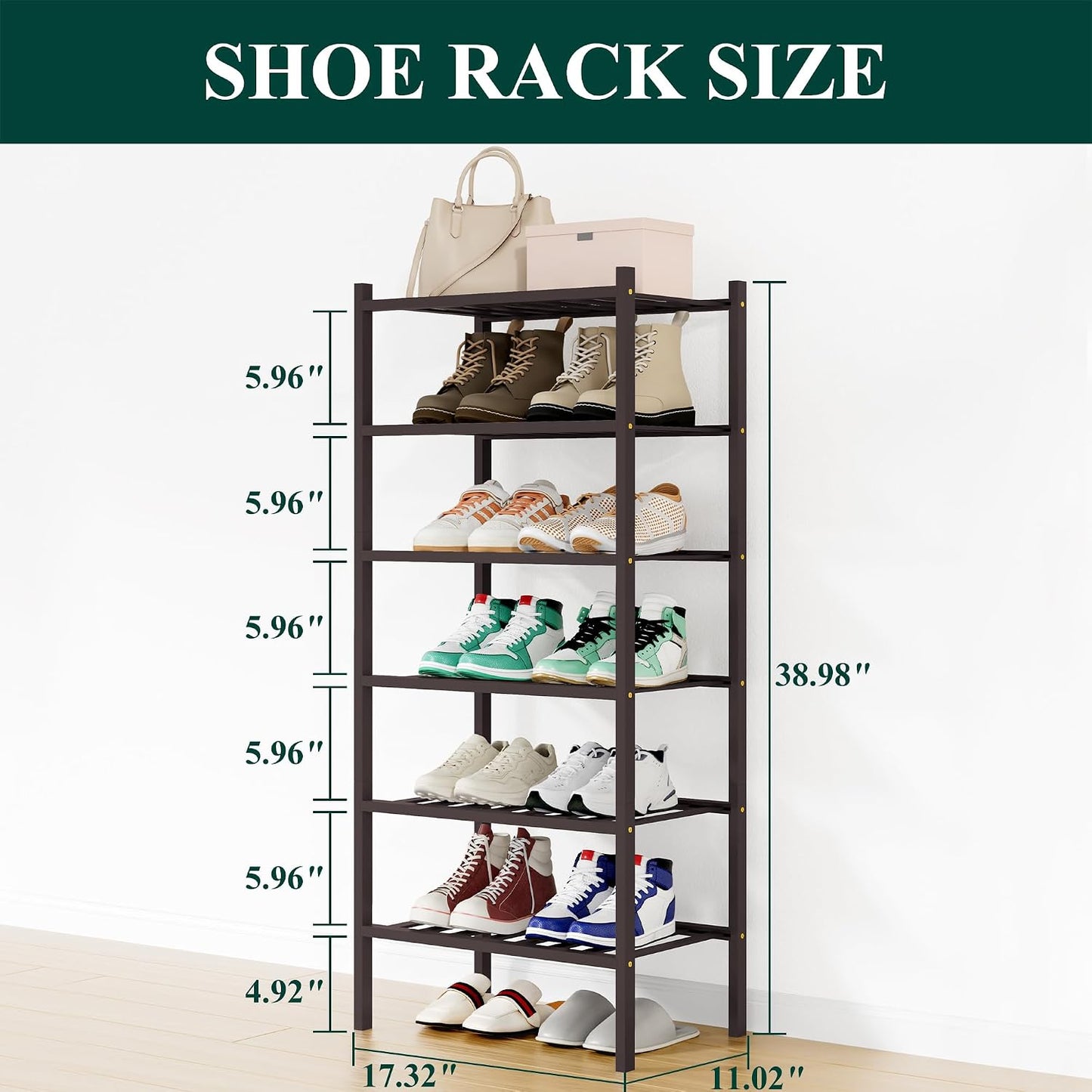 Smiry Bamboo Shoe Rack, 3 Tier Free Standing Wooden Shoe Organizer, Stackable Wood Shoe Storage Shelf for Closet, Entryway, 12 Vertical Slats, 2+1 Stack Standard Legs, 26.8"x11"x19.5", Natural