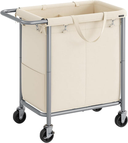 SONGMICS Laundry Basket with Wheels, 3-Section Rolling Laundry Hamper, 52.8 Gallons (200 L), Removable Liner, Steel Frame with Handle, 35.8 x 15.4 x 31.9 Inches, Cream White URLS005W01