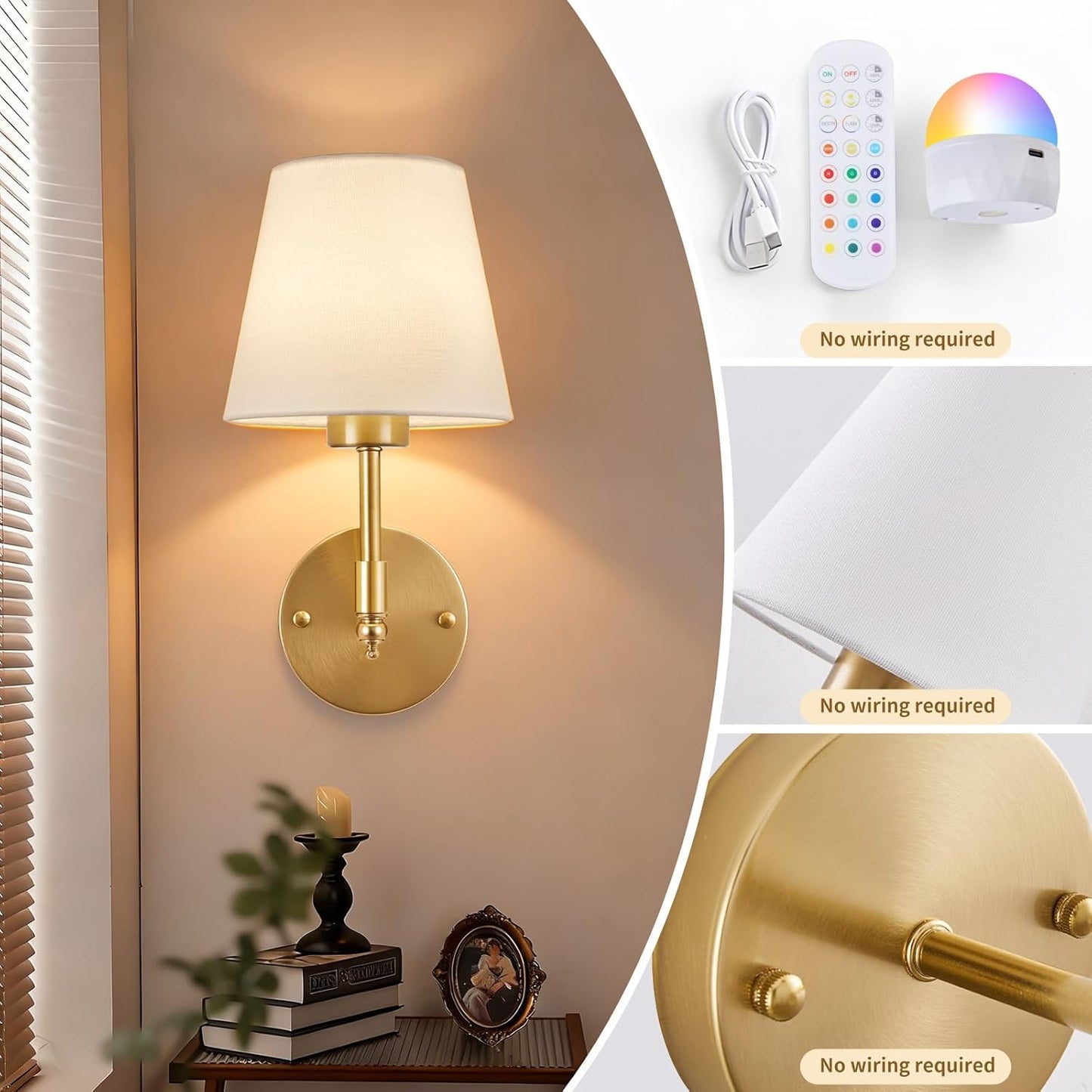 Battery Operated Wall Sconces Set of Two, Rechargeable Wireless Wall Lights with RGB Dimmable Magnetic Bulb and Remote,15 Colors Options Wireless Wall Lamps for Bedroom Living Room Hallway -black