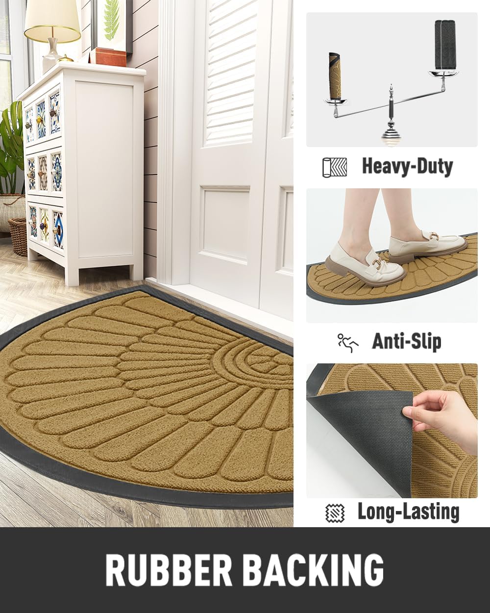 tchdio Door Mat Outdoor Indoor Entrance Doormat-Semicircular Durable Rubber Non Slip Front Door Mat for Outside Inside Entry Entryway Dirt Trapper WelcomeMat for Muddy Paws and Shoes-Black 17”x30”