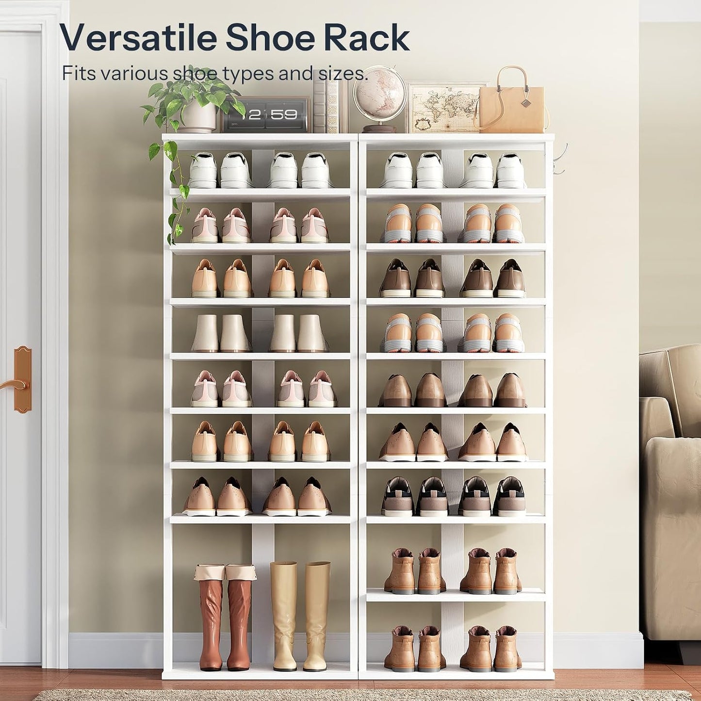 HOOBRO 8 Tiers Vertical Shoe Rack, Wooden Shoe Storage Organizer with Hooks, Narrow Shoe Tower for 8 Pairs, Space Saving, for Entryway, Living Room, Bedroom, Rustic Brown BF07XJ01G1