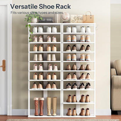 HOOBRO 8 Tiers Vertical Shoe Rack, Wooden Shoe Storage Organizer with Hooks, Narrow Shoe Tower for 8 Pairs, Space Saving, for Entryway, Living Room, Bedroom, Rustic Brown BF07XJ01G1