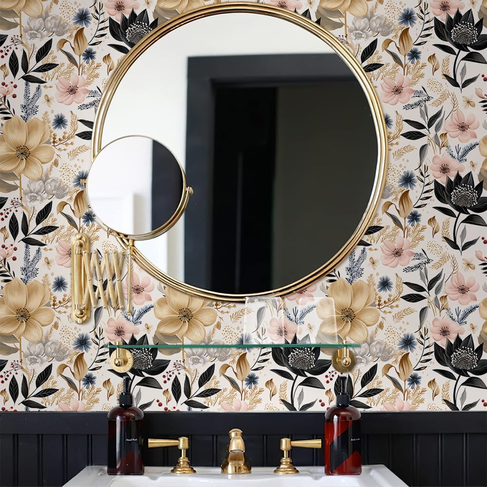 MuralPeel White/Pink/Gold Floral Garden Black Blue Flowers Vintage Peel and Stick Wallpaper Self Adhesive Removable Easy Peel Off Contact Paper Stick on Wall Paper for Bedroom Cabinet Renter Friendly