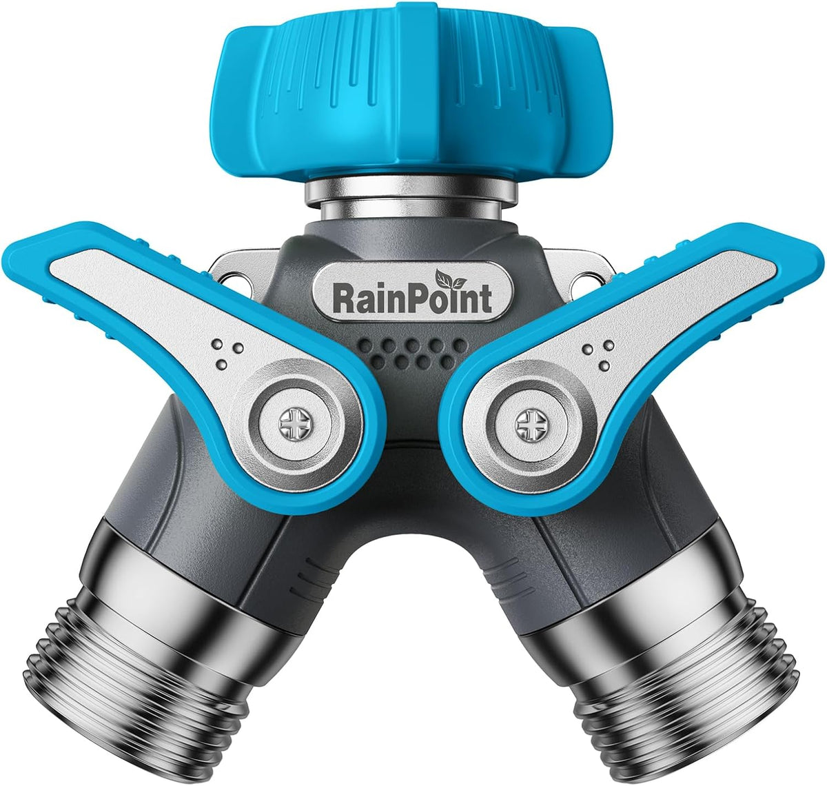 RAINPOINT 2 Way Garden Hose Splitter | Heavy Duty Water Spigot Splitter with Shutoff Valves, 100% Metal Body, 1.9" Extra Long Metal Handle, 3/4" GHT Thread