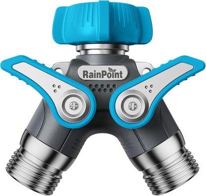 RAINPOINT 2 Way Garden Hose Splitter | Heavy Duty Water Spigot Splitter with Shutoff Valves, 100% Metal Body, 1.9" Extra Long Metal Handle, 3/4" GHT Thread