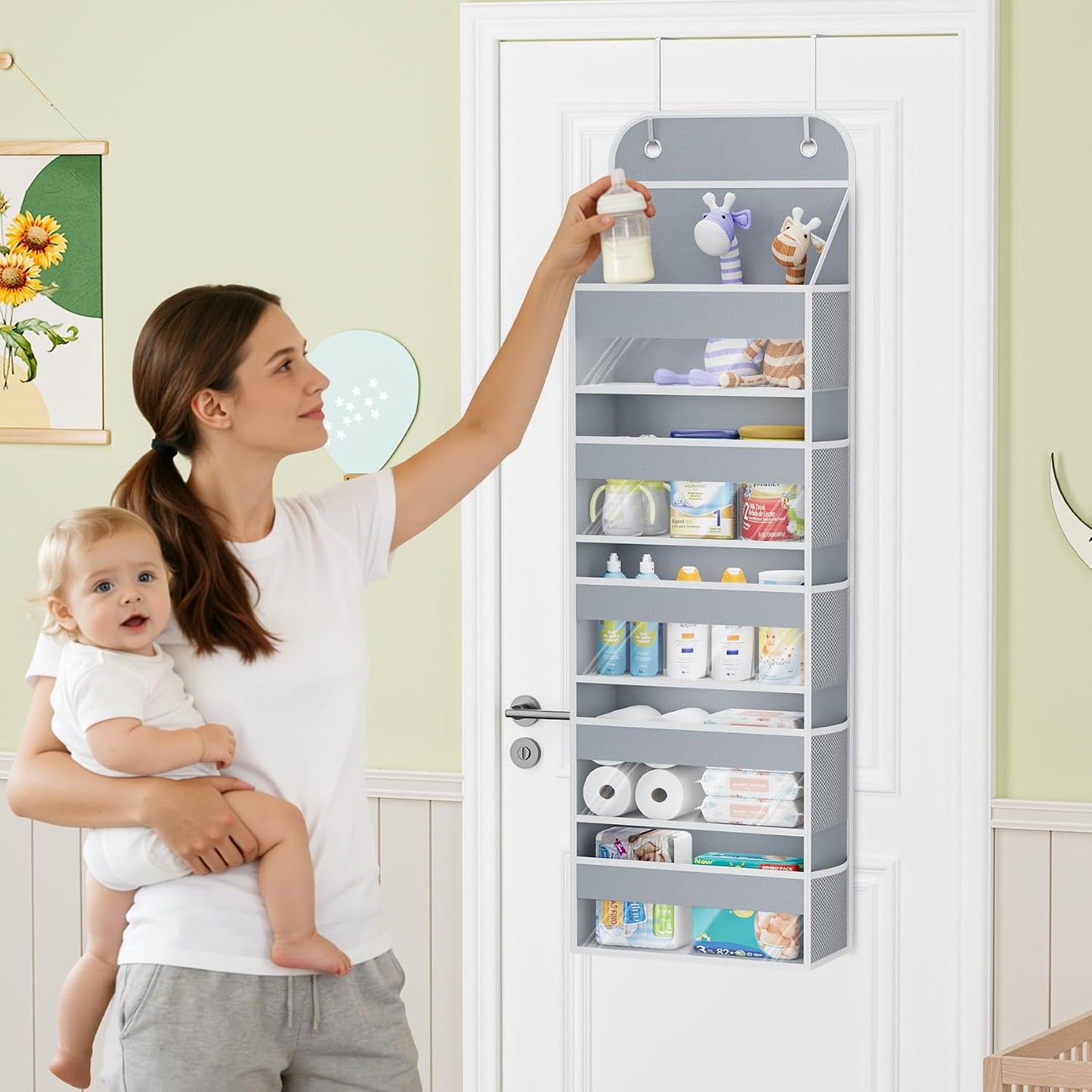 COOLBEBE 2-Pack over the Door Organizer, 5-Tier Hanging Storage with Clear Windows & Mesh Side Pockets, Heavy-Duty Nursery Closet Organizer for Baby Essentials, Bathroom, Bedroom, Grey