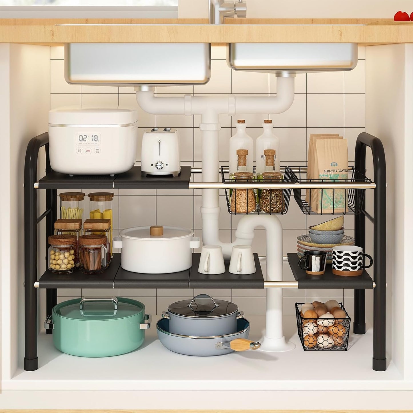 Expandable Under Sink Organizer, 2 Tier Under Sink Shelf with 2 Removable Baskets and 6 Removable Panels for Cabinet Sink Cloakroom Wardrobe Closet Storage(Black, 17.71”-32”Length