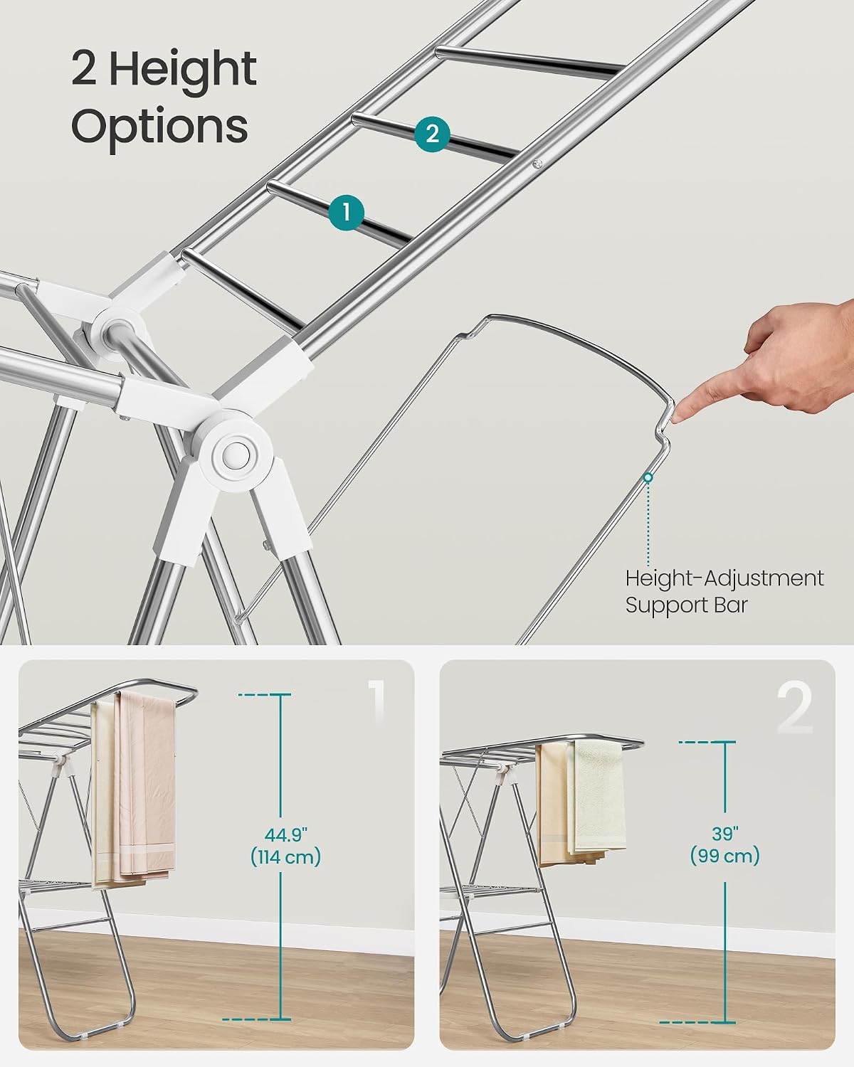 SONGMICS Clothes Drying Rack, Foldable Laundry Drying Rack, Blue | Sock Clips, Metal Clothes Airer with Height-Adjustable Gullwings, Space-Saving, Indoor Outdoor, ULLR505EQ01