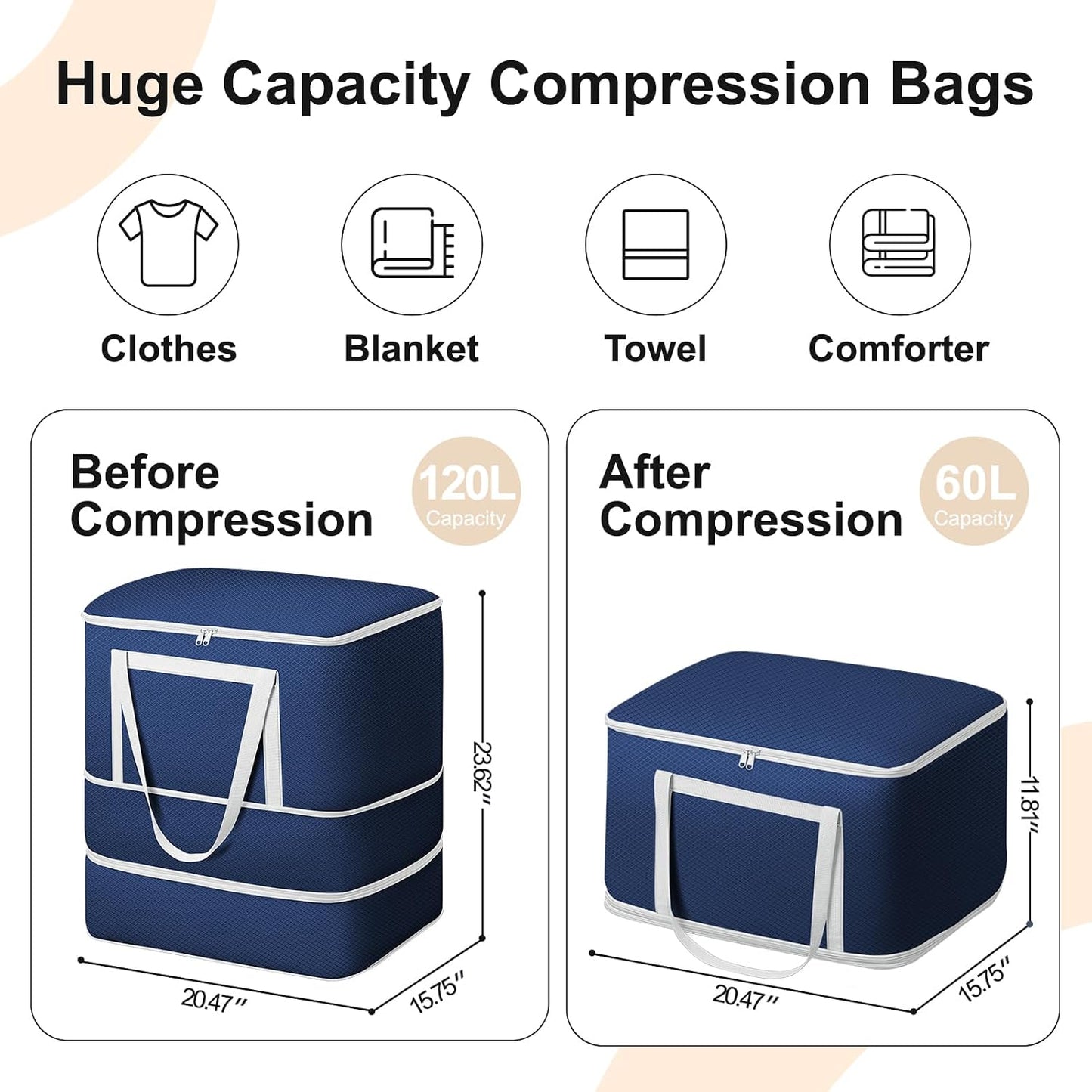 Comforter Storage Bag - 130L Large Capacity Blanket Storage Bags 4-Layer Ultra Space Saving Self Compression Organizer, Washable Compression Bags for Storage Comforter Blanket, 2-Pack, Beige