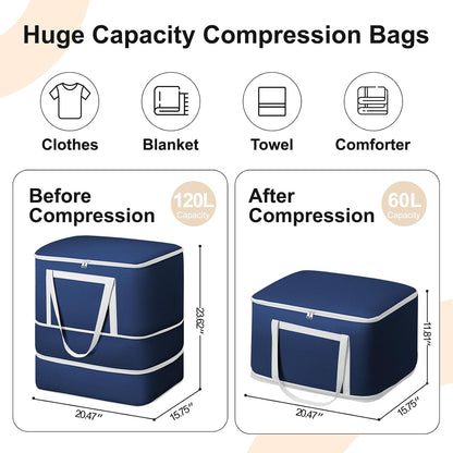 Comforter Storage Bag - 130L Large Capacity Blanket Storage Bags 4-Layer Ultra Space Saving Self Compression Organizer, Washable Compression Bags for Storage Comforter Blanket, 2-Pack, Beige