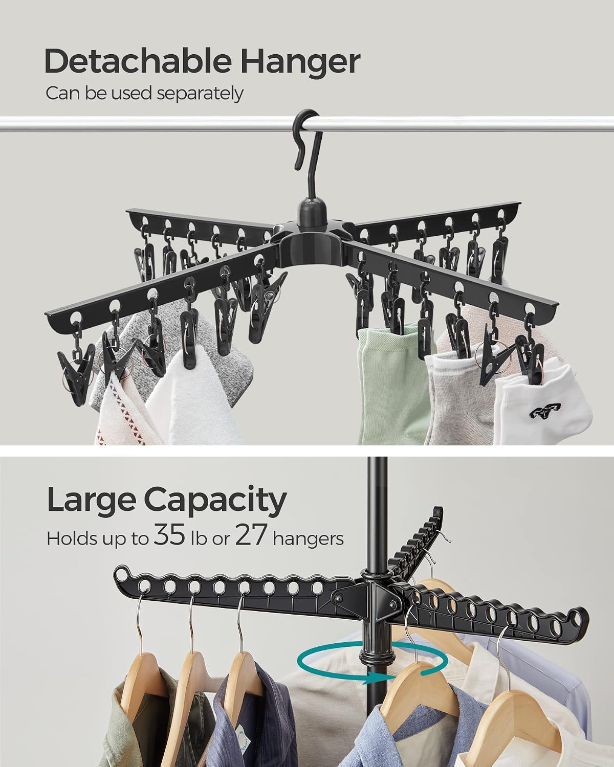 SONGMICS 2-Tier Clothes Drying Rack, 72-Inch Folding Laundry Drying Rack with 3 Rotatable Arms for Hangers, 24 Clips, Stainless Steel, for 27 Pieces of Clothes, Blue and Silver ULLR512Q01