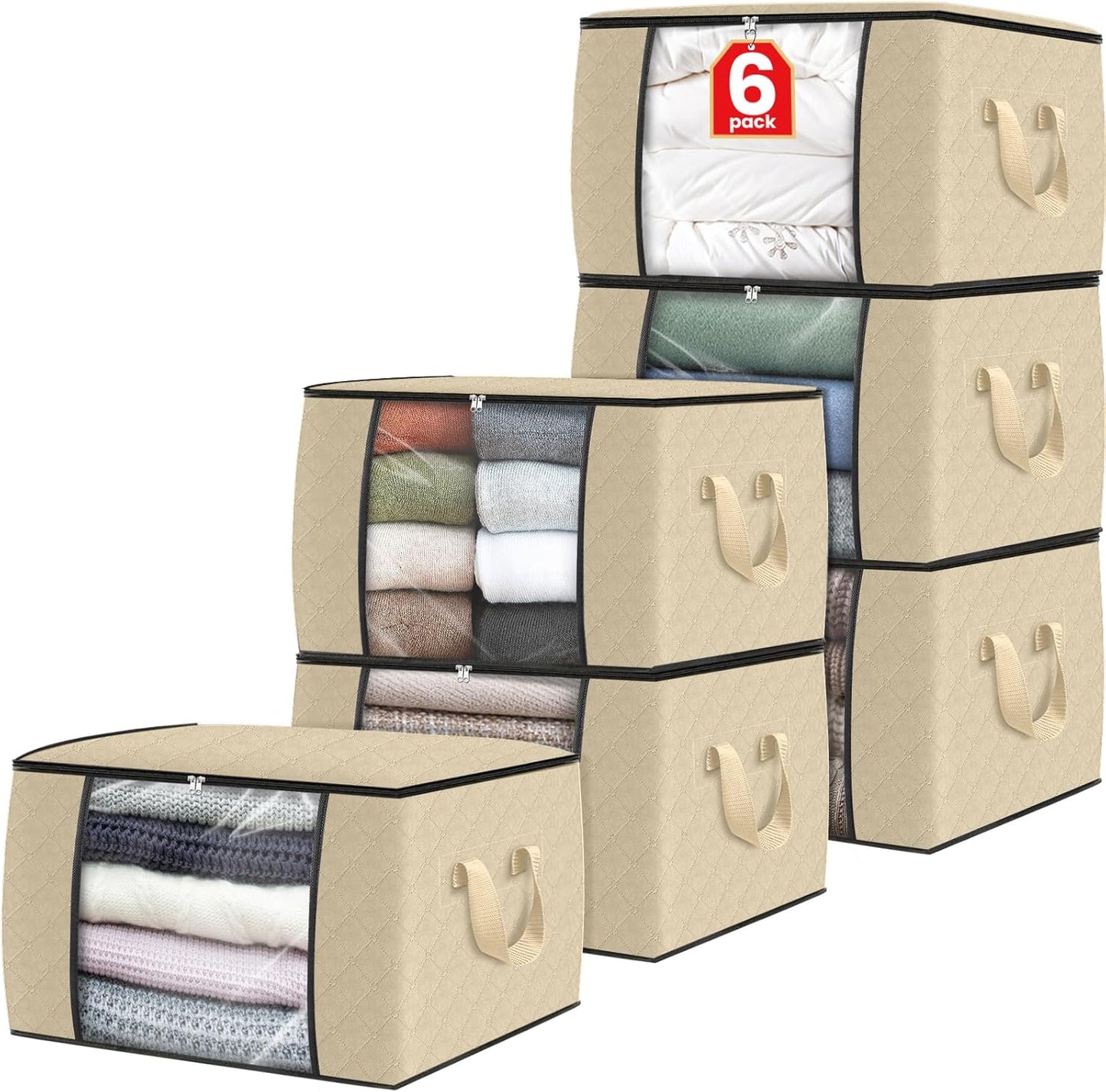 Fab totes 6 Pack Storage Bags for Clothes and Blanket, Foldable Closet Organizers and Storage with Zippers, Clear Window and Handles, Fabric Storage Bins for Sweater, Comforter, Bedding,Linen Sheets