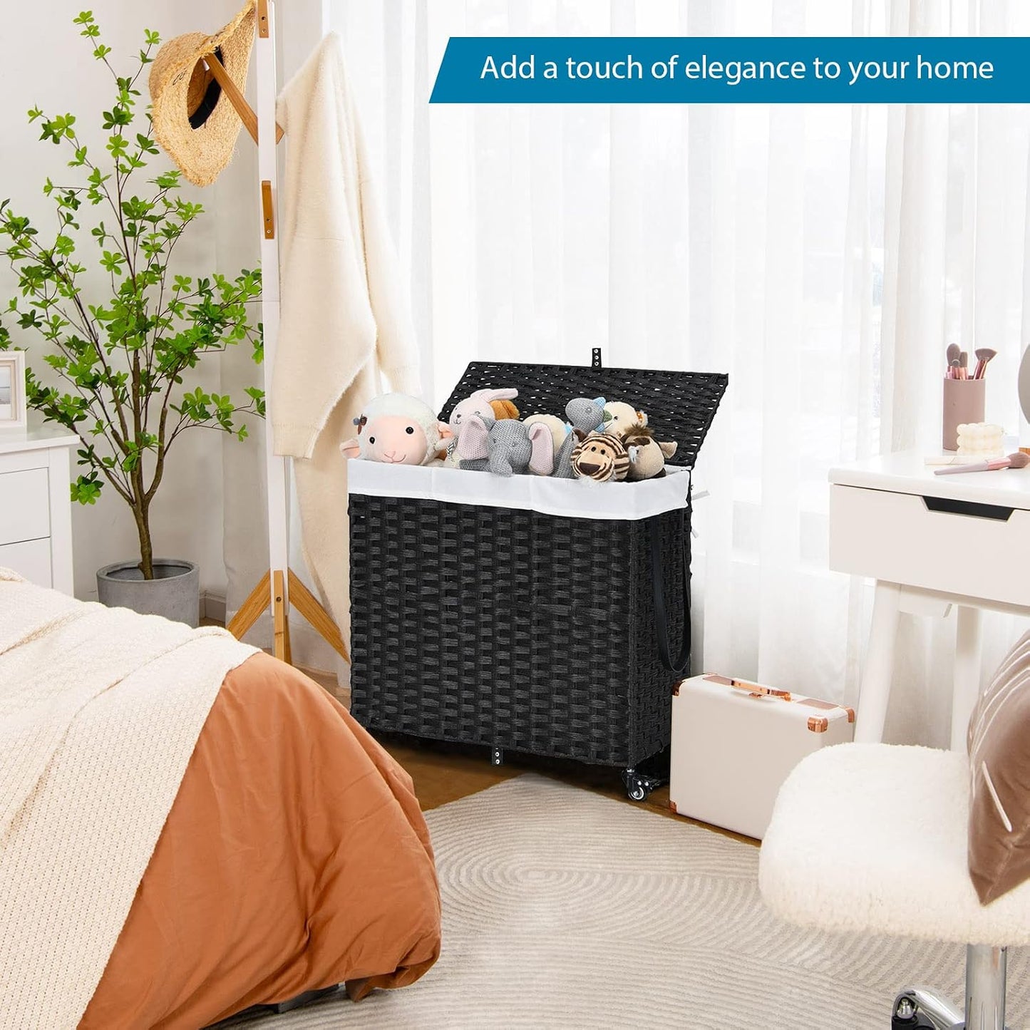 GOFLAME Laundry Hamper with Lid and Wheels, 125L Hand Woven Rattan Laundry Basket with 3 Divided Sections, Handles, 2 Removable and Washable Liner Bags, Dirty Clothes Hamper for Bedroom (Natural)