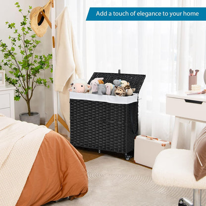 GOFLAME Laundry Hamper with Lid and Wheels, 125L Hand Woven Rattan Laundry Basket with 3 Divided Sections, Handles, 2 Removable and Washable Liner Bags, Dirty Clothes Hamper for Bedroom (Natural)