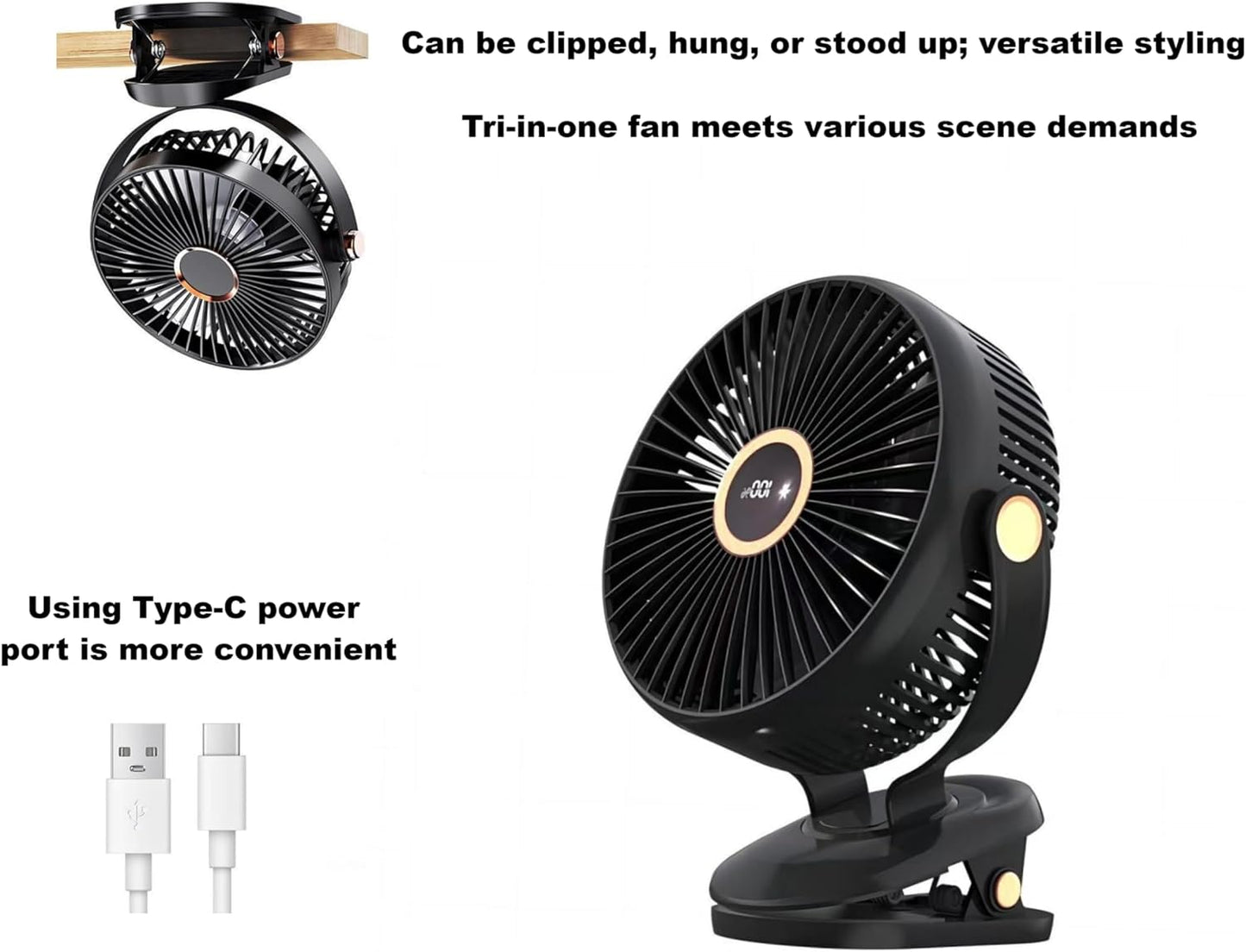 Compact USB Rechargeable Clip on Fan, 6 Inches Portable Personal Fan for Outdoors, Car Seat, Gym - Black