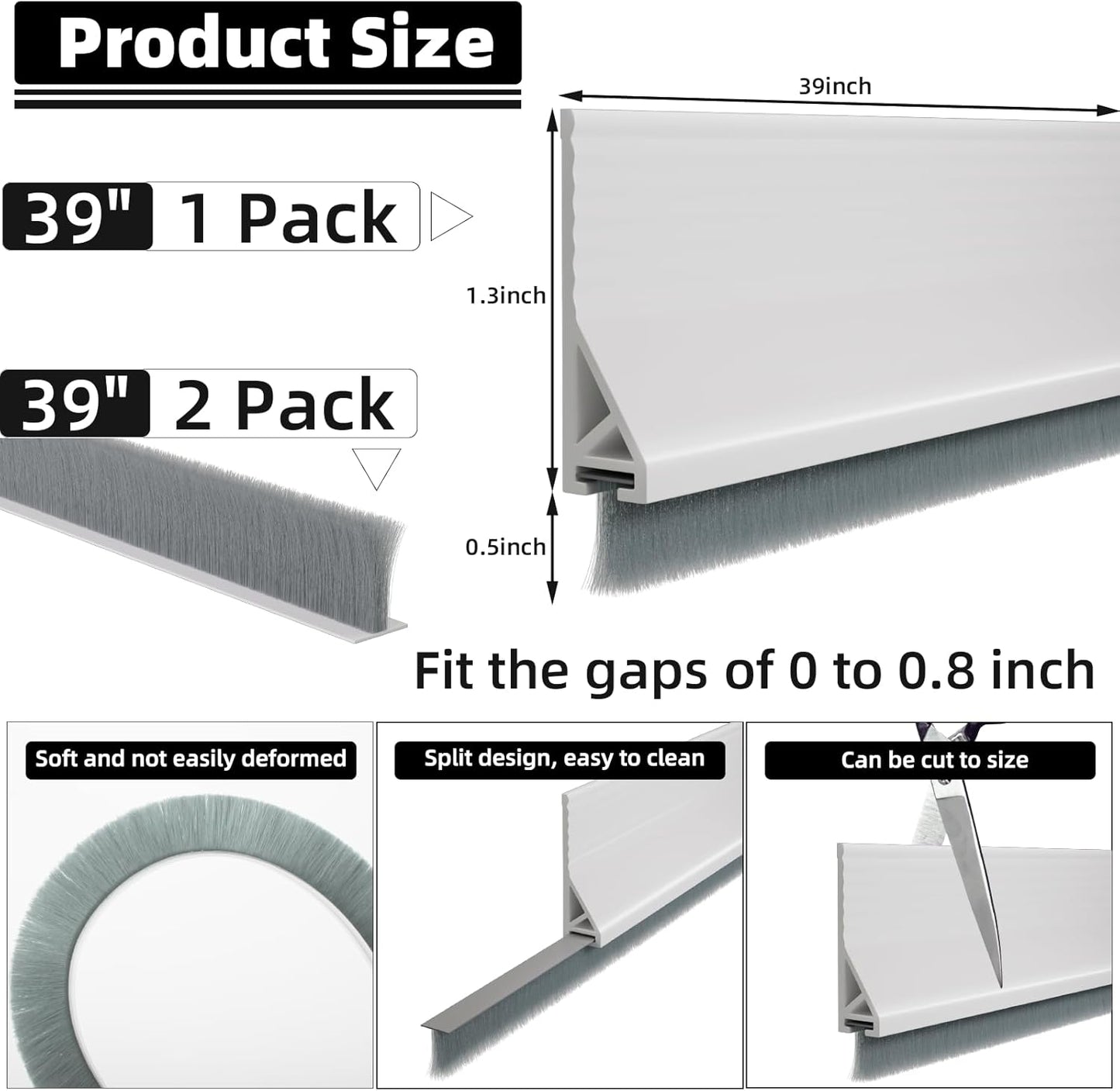 39” Under Door Draft Stopper with Brush,Bottom of Door Sweeps for Exterior & Interior,Gap Filler Sound Blocker Seal Strip,Draft Guard Dust Stopper(Black)