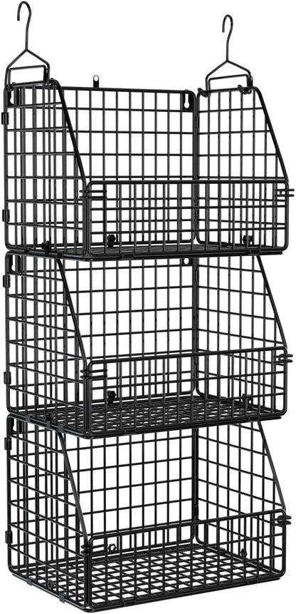 PUPPYCUTE Larger & Deeper Hanging Storage Basket, Closet Organizers and Storage, Hanging Shelves Wire Baskets for Clothing Sweaters Purse Handbags Shoes Black 3 Tier