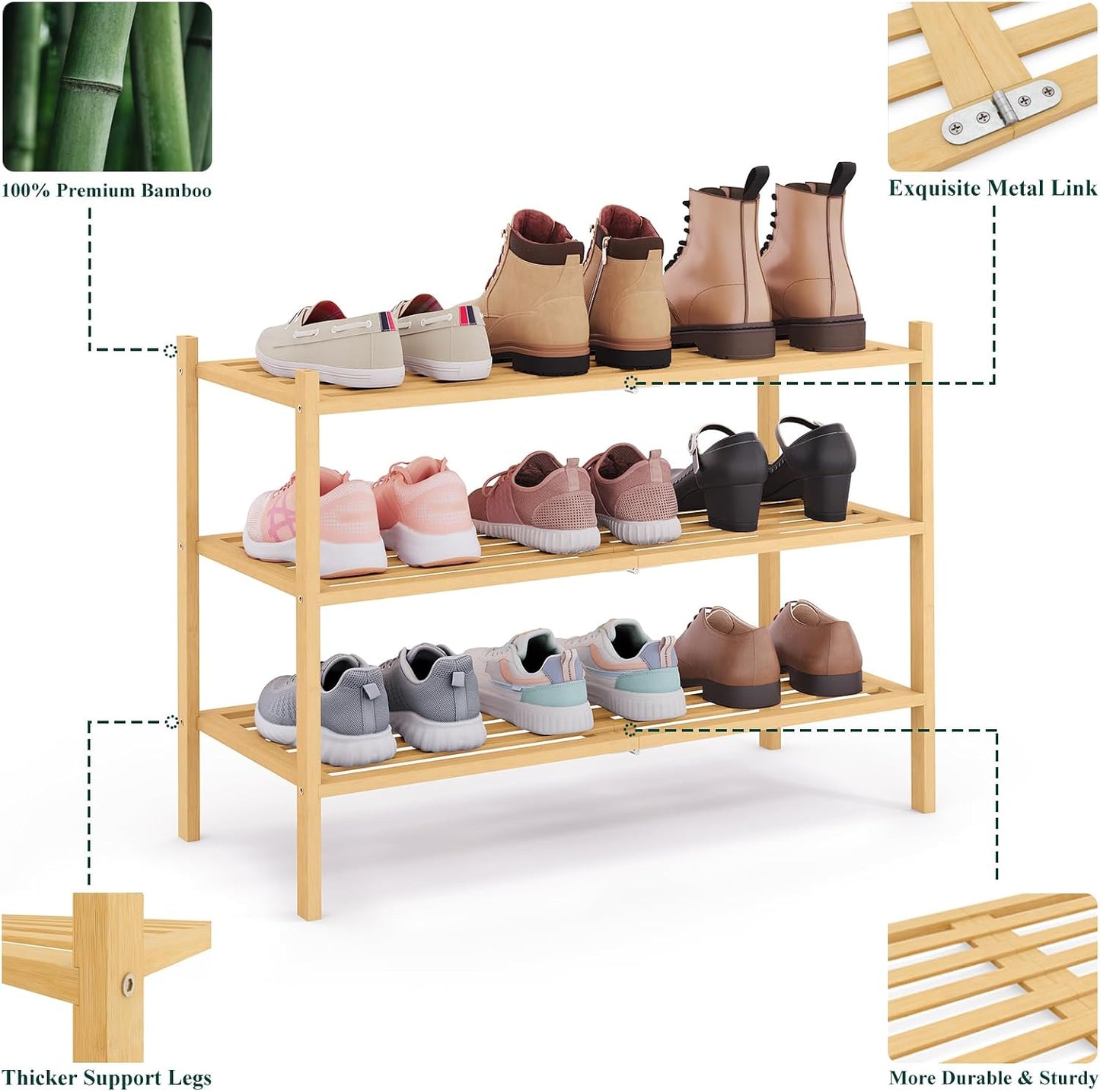 Smiry Bamboo Shoe Rack, 3 Tier Free Standing Wooden Shoe Organizer, Stackable Wood Shoe Storage Shelf for Closet, Entryway, 5 Horizontal Slats, 26.8"x11"x18.3", Natural