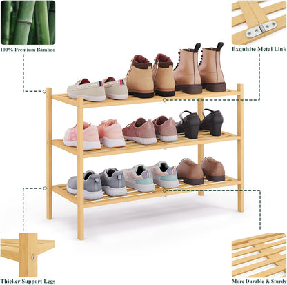 Smiry Bamboo Shoe Rack, 3 Tier Free Standing Wooden Shoe Organizer, Stackable Wood Shoe Storage Shelf for Closet, Entryway, 5 Horizontal Slats, 26.8"x11"x18.3", Natural