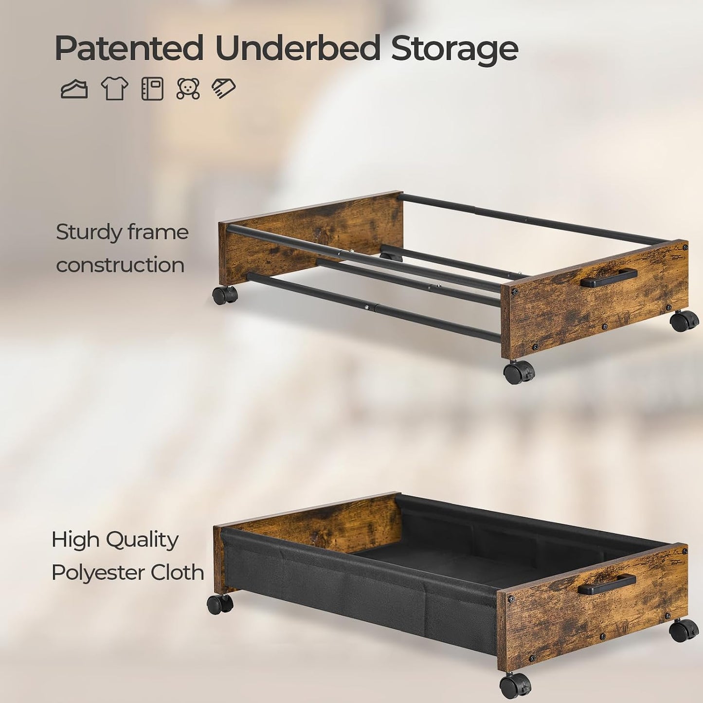 FOUCSSOMEI Under Bed Storage with Wheels, Wooden Under Bed Drawers On Wheels, Rolling Under Bed Shoe Storage, Space Saving, Rustic Brown,30L