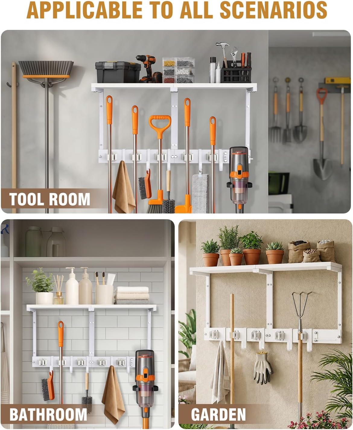 Large Broom Holder Wall Mount with Shelf, Vacuum Organizer, 5 Slots 5 Hooks | White, 3-In-1 Wall Mount Stores Brooms/Mops/Vacuum, Cleaning Supplies With 5 Grippers/5 Hooks And A Sturdy Wooden Top Shelf
