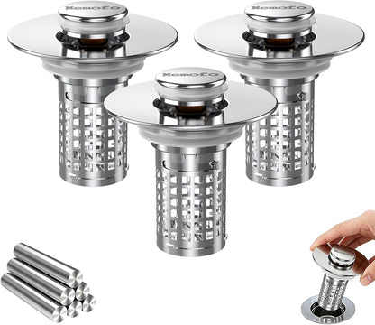 Bathroom Sink Drain Strainer(2PCS), Stainless Steel Pop-up Strainer Basket Hair Catcher with Removable Basket, Brass Bullet Core, Universal Fit 1.1-2.36 Inch