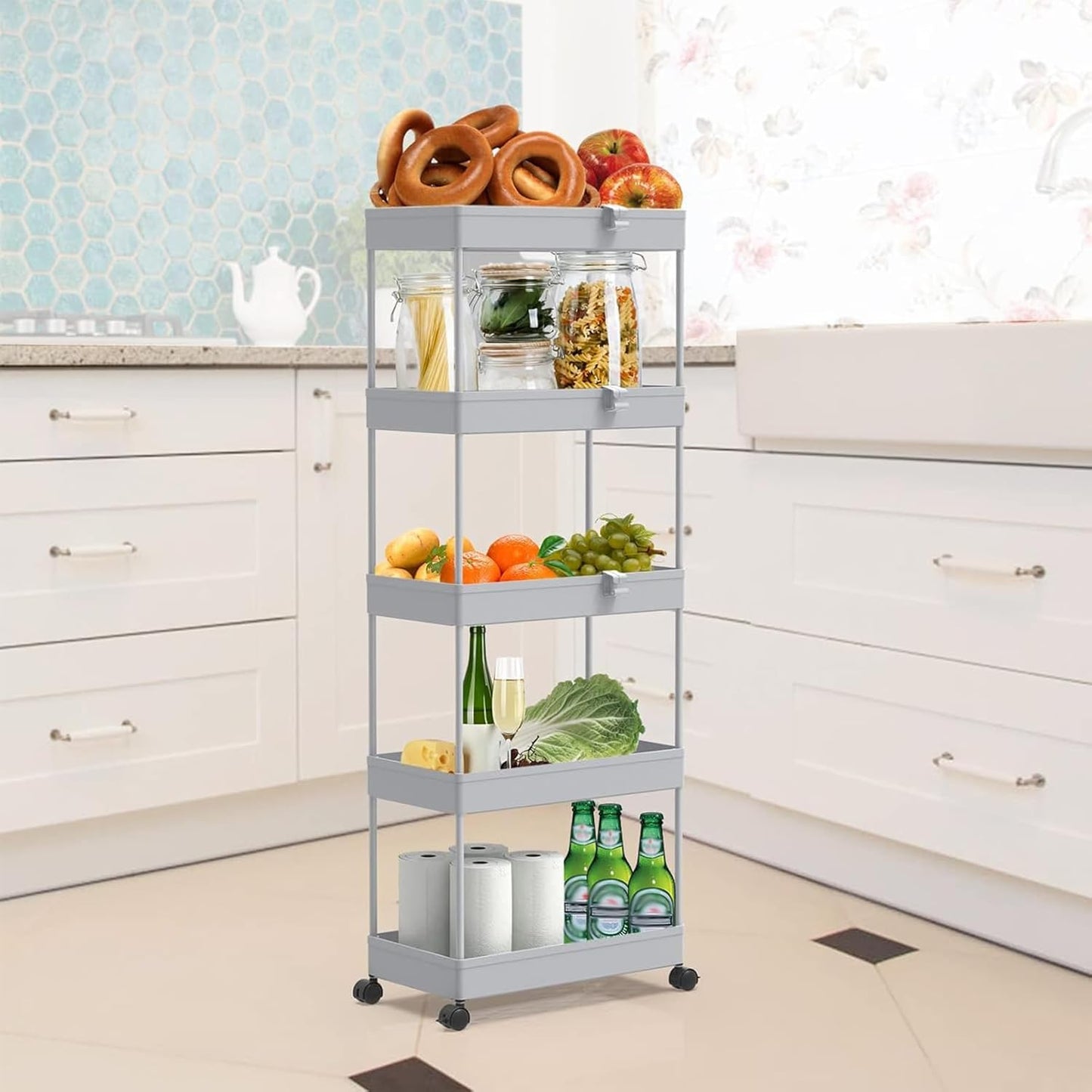 SPACEKEEPER 5-Tier Rolling Cart, Bathroom Storage Organizer Utility Cart, Mobile Shelving Unit Slide Out Shelves for Kitchen Living Room Laundry Room & Dressers, Black