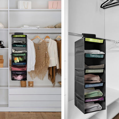 5-Shelf Weekly Clothes Organizer for Kids Days of The Week Hanging Storage Shelves Dorm Room Essential Daily Shelf Hanging Closet Organizer with 6 Side Pockets…