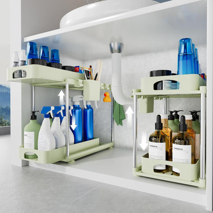 VERIFOST 2 Pack Under Sink Organizers and Storage, Double Sliding Kitchen Cabinet Organizer, 2 Tier Height Adjustable Countertop Organizer for Kitchen Bathroom Laundry, White