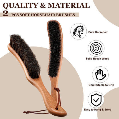 Bokon 2 Pcs Lint Brushes for Clothes with 100% Soft Horse Hair Bristle Beech Wood Handle Natural Reusable Garment Brush Lint Remover for Hat Wool Coats Suits Hat Velvet Furniture Pet Hair Shoe