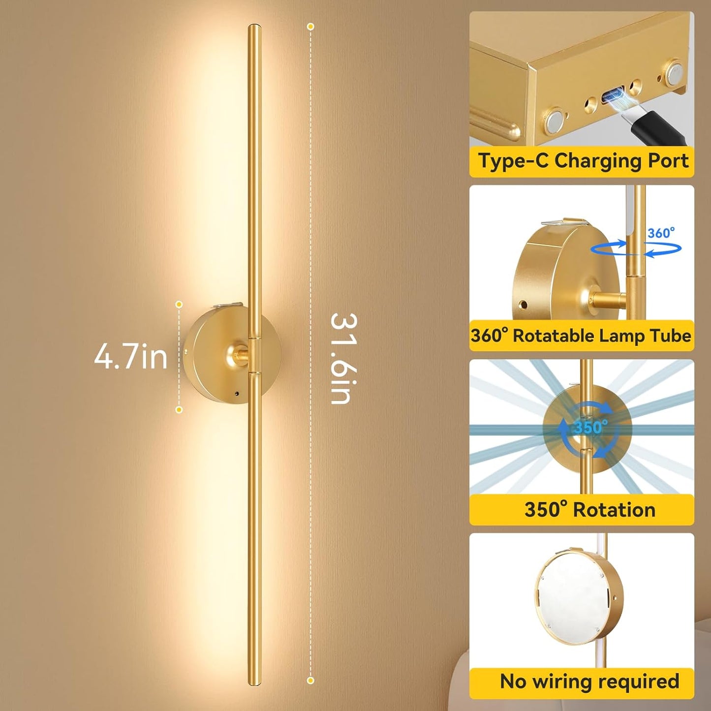 Ouyulong Battery Operated Wall Sconces Set of 2, 10000mAh Wireless Rechargeable 3000-6000K Dimmable 350° Rotate Wall Light with Remote for Living Room, Bedroom 31.6in Black