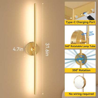 Ouyulong Battery Operated Wall Sconces Set of 2, 10000mAh Wireless Rechargeable 3000-6000K Dimmable 350° Rotate Wall Light with Remote for Living Room, Bedroom 31.6in Black