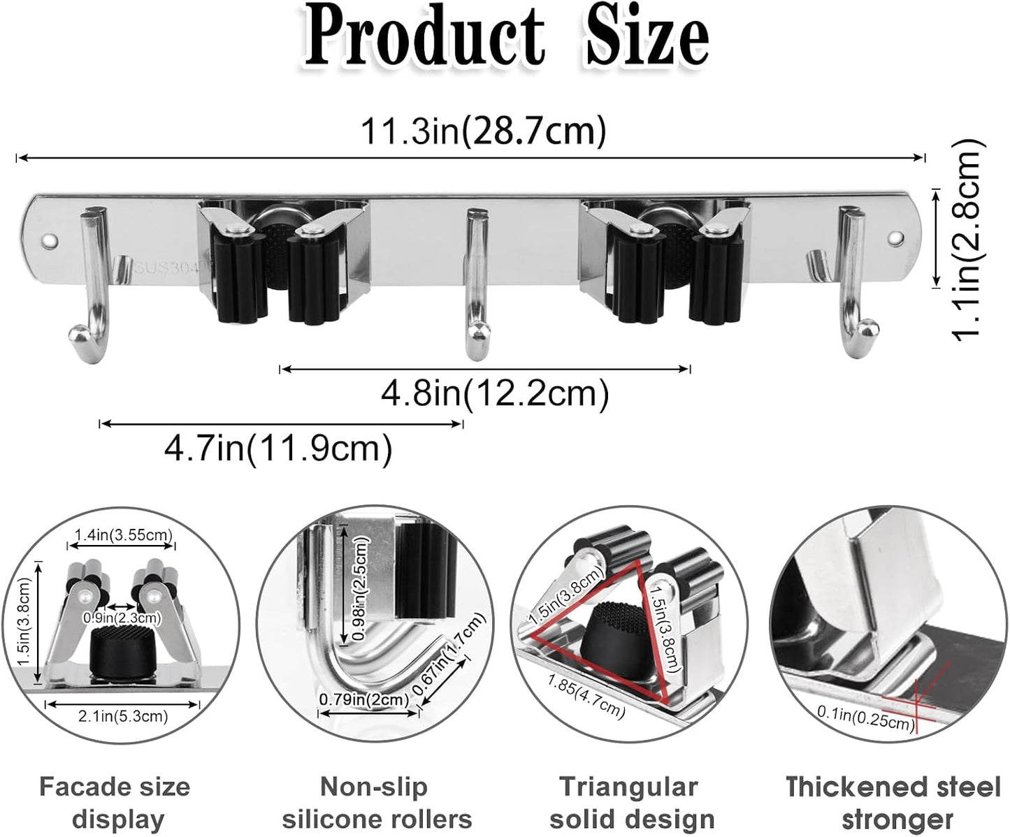 AceMining Broom Holder Wall Mount, 3 Racks 4 Hooks Heavy Duty Mop Organizer | Mop Holder Wall Mount and Broom Hanger for Garage, Laundry Room, Kitchen and Utility Storage