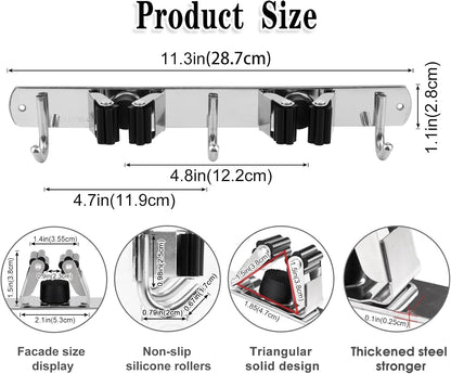 AceMining Broom Holder Wall Mount, 3 Racks 4 Hooks Heavy Duty Mop Organizer | Mop Holder Wall Mount and Broom Hanger for Garage, Laundry Room, Kitchen and Utility Storage