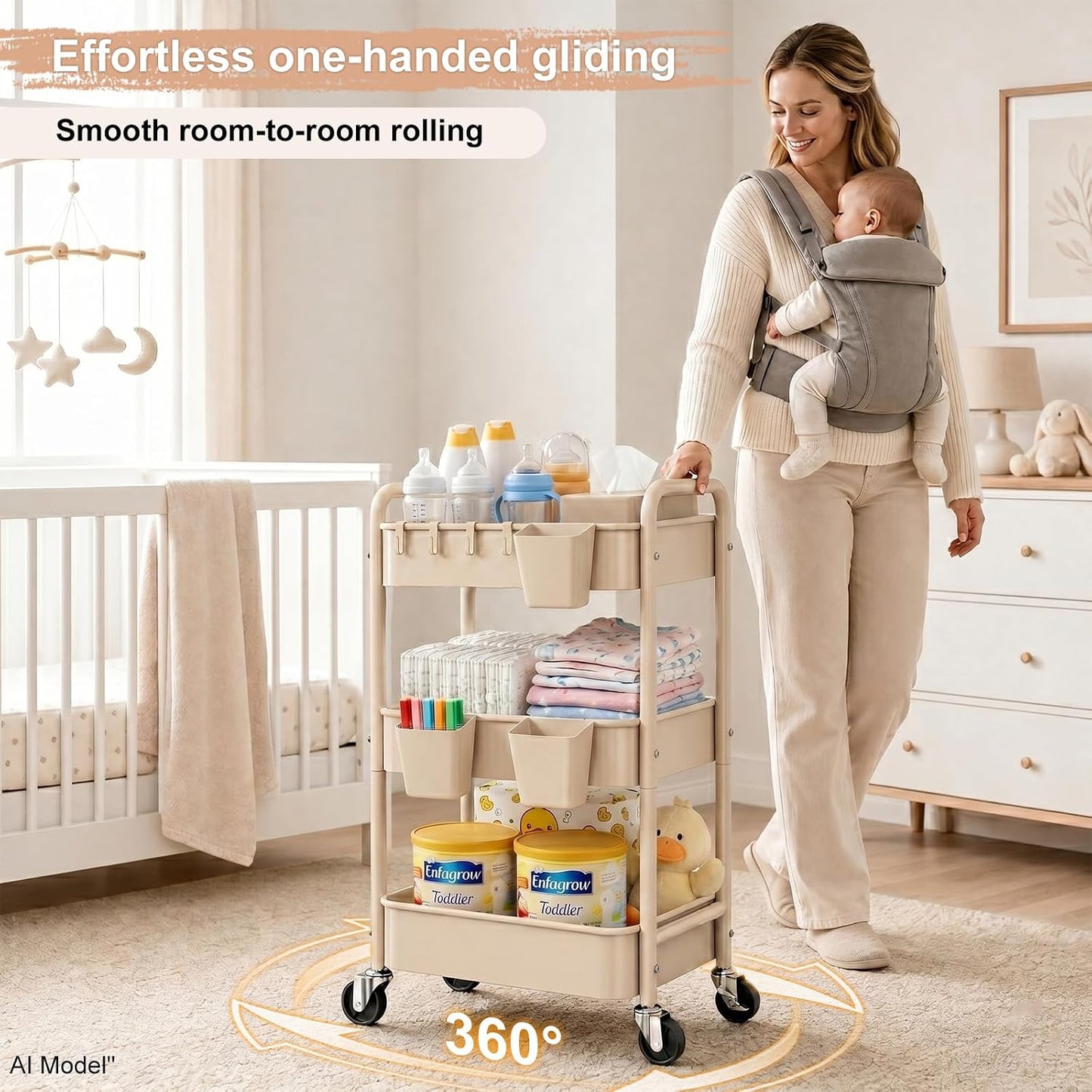 2 Tier Small Rolling Cart Metal with Wheels, White Under Desk Storage Cart on Wheels, Short Utility Roller Caddy Carts Organizer for Art,Craft,Pantry,Bathroom, Two Tiered Shelf Trolley,22 Inches Tall