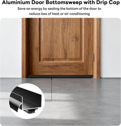 1-3/4" x 48" U Shaped Door Bottom Sweep with Drip Cap, Aluminum Weather Stripping Seal, Metal Screw-on Under Door Seal for Exterior Doors (Black, 1 Pack)